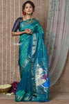 Tyohaar ~ Chandrakala! Handloom Pure Silk Paithani in with Most Traditional Peacock Pallu ~ Turquoise Blue (By Government Certified Weavers)