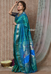 Tyohaar ~ Chandrakala! Handloom Pure Silk Paithani in with Most Traditional Peacock Pallu ~ Turquoise Blue (By Government Certified Weavers)