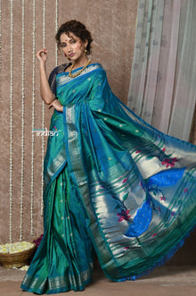  Tyohaar ~ Chandrakala! Handloom Pure Silk Paithani in with Most Traditional Peacock Pallu ~ Turquoise Blue (By Government Certified Weavers)