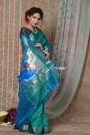 Tyohaar ~ Chandrakala! Handloom Pure Silk Paithani in with Most Traditional Peacock Pallu ~ Turquoise Blue (By Government Certified Weavers)