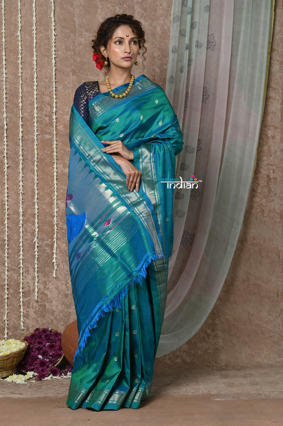 Tyohaar ~ Chandrakala! Handloom Pure Silk Paithani in with Most Traditional Peacock Pallu ~ Turquoise Blue (By Government Certified Weavers)