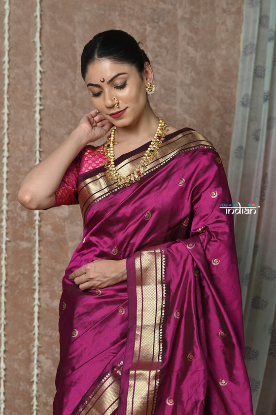 Tyohaar ~ Chandrakala: Handloom Pure Silk Paithani with Most Traditional Peacock Pallu ~ Wine (By Government Certified Weavers)