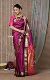 Tyohaar ~ Chandrakala: Handloom Pure Silk Paithani with Most Traditional Peacock Pallu ~ Wine (By Government Certified Weavers)