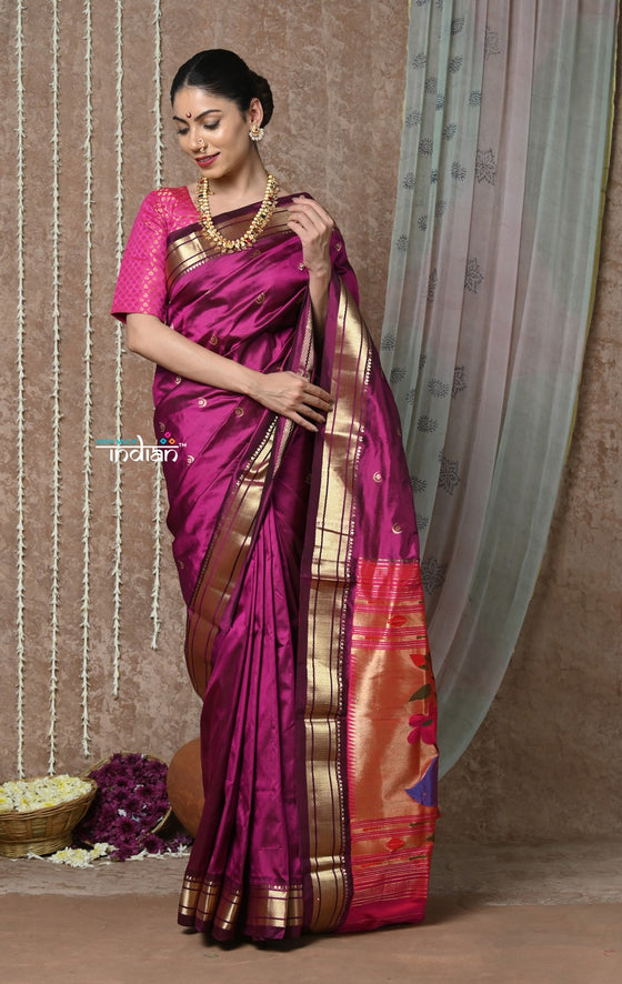 Tyohaar ~ Chandrakala: Handloom Pure Silk Paithani with Most Traditional Peacock Pallu ~ Wine (By Government Certified Weavers)