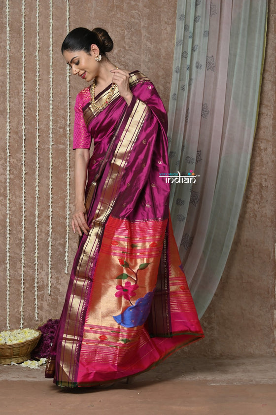 Tyohaar ~ Chandrakala: Handloom Pure Silk Paithani with Most Traditional Peacock Pallu ~ Wine (By Government Certified Weavers)