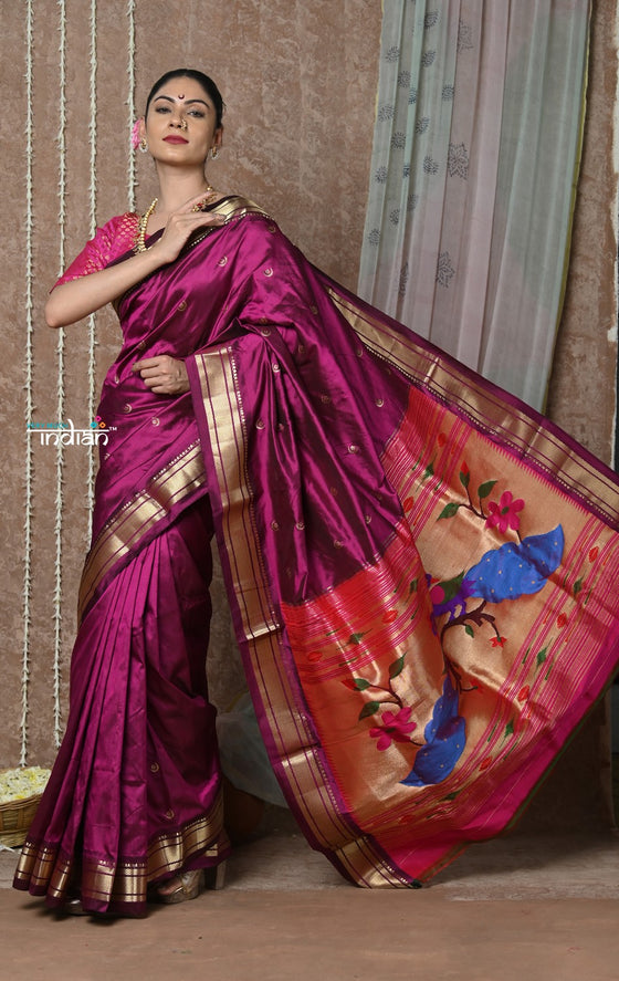 Tyohaar ~ Chandrakala: Handloom Pure Silk Paithani with Most Traditional Peacock Pallu ~ Wine (By Government Certified Weavers)