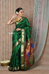 Tyohaar ~ Chandrakala ~ Handloom Pure Silk Paithani Saree with Handcrafted Peacock Floral Pallu ~ Royal Green