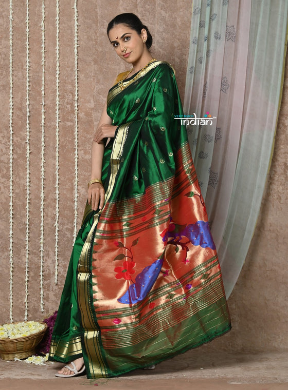 Tyohaar ~ Chandrakala ~ Handloom Pure Silk Paithani Saree with Handcrafted Peacock Floral Pallu ~ Royal Green