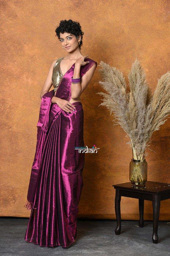 Mastaani ~ Fusion Cotton Tissue Shimmer Saree - Wine