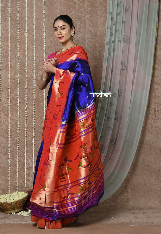 Tyohaar ~ Handloom Pure Silk Paithani Saree with Handcrafted Traditional Pallu~ Royal Blue