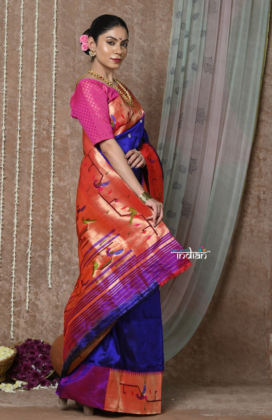 Tyohaar ~ Handloom Pure Silk Paithani Saree with Handcrafted Traditional Pallu~ Royal Blue