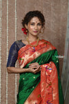 Tyohaar ~ Signature Weave! Handloom Pure Silk Paithani Saree with Handcrafted Peacock Parrot Zari Border ~ Royal Green