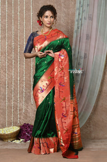  Tyohaar ~ Signature Weave! Handloom Pure Silk Paithani Saree with Handcrafted Peacock Parrot Zari Border ~ Royal Green