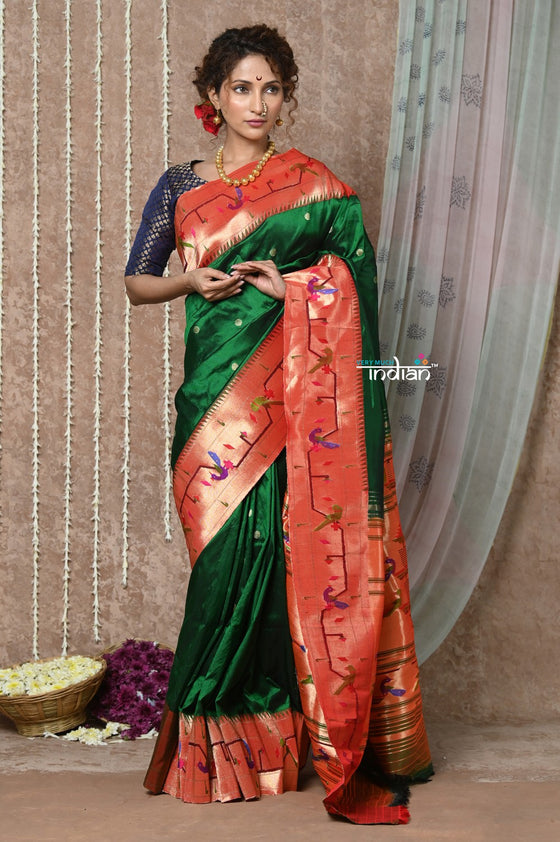 Tyohaar ~ Signature Weave! Handloom Pure Silk Paithani Saree with Handcrafted Peacock Parrot Zari Border ~ Royal Green