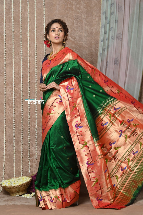 Tyohaar ~ Signature Weave! Handloom Pure Silk Paithani Saree with Handcrafted Peacock Parrot Zari Border ~ Royal Green