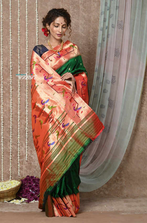 Tyohaar ~ Signature Weave! Handloom Pure Silk Paithani Saree with Handcrafted Peacock Parrot Zari Border ~ Royal Green