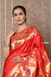 Tyohaar ~ Signature Weave! Handloom Pure Silk Paithani Saree with Handcrafted Traditional Floral Bageecha Pallu ~ Bright Red