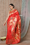 Tyohaar ~ Signature Weave! Handloom Pure Silk Paithani Saree with Handcrafted Traditional Floral Bageecha Pallu ~ Bright Red