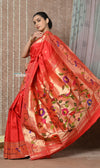 Tyohaar ~ Signature Weave! Handloom Pure Silk Paithani Saree with Handcrafted Traditional Floral Bageecha Pallu ~ Bright Red