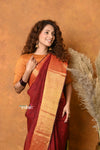 Mastaani ~ Handloom Pure Cotton Linen Saree With Golden Border - Dark Maroon