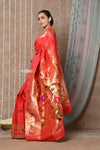 Tyohaar ~ Signature Weave! Handloom Pure Silk Paithani Saree with Handcrafted Traditional Floral Bageecha Pallu ~ Bright Red