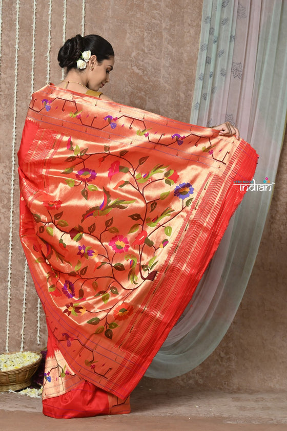 Tyohaar ~ Signature Weave! Handloom Pure Silk Paithani Saree with Handcrafted Traditional Floral Bageecha Pallu ~ Bright Red