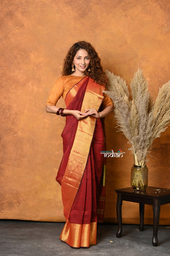 Mastaani ~ Handloom Pure Cotton Linen Saree With Golden Border - Dark Maroon