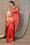 Tyohaar ~ Signature Weave! Handloom Pure Silk Paithani Saree with Handcrafted Traditional Floral Bageecha Pallu ~ Bright Red