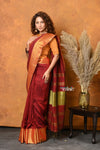 Mastaani ~ Handloom Pure Cotton Linen Saree With Golden Border - Dark Maroon