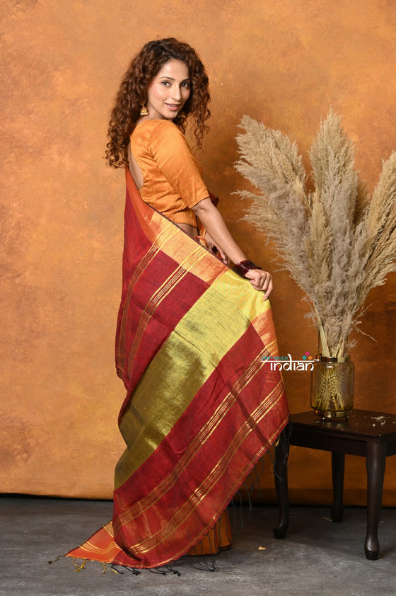 Mastaani ~ Handloom Pure Cotton Linen Saree With Golden Border - Dark Maroon