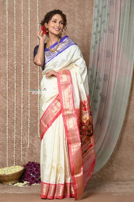 Tyohaar ~ Signature Weave! Handloom Pure Silk Paithani Saree with Ganga -Jamuna Border & Revival Asawali Pallu ~ White