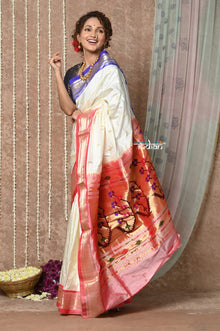  Tyohaar ~ Signature Weave! Handloom Pure Silk Paithani Saree with Ganga -Jamuna Border & Revival Asawali Pallu ~ White