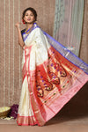 Tyohaar ~ Signature Weave! Handloom Pure Silk Paithani Saree with Ganga -Jamuna Border & Revival Asawali Pallu ~ White