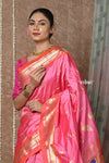 Tyohaar ~ Signature Weave! Handloom Pure Silk Paithani Saree with Handcrafted Peacock Lotus Pallu ~ Rouge Pink