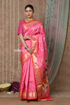 Tyohaar ~ Signature Weave! Handloom Pure Silk Paithani Saree with Handcrafted Peacock Lotus Pallu ~ Rouge Pink