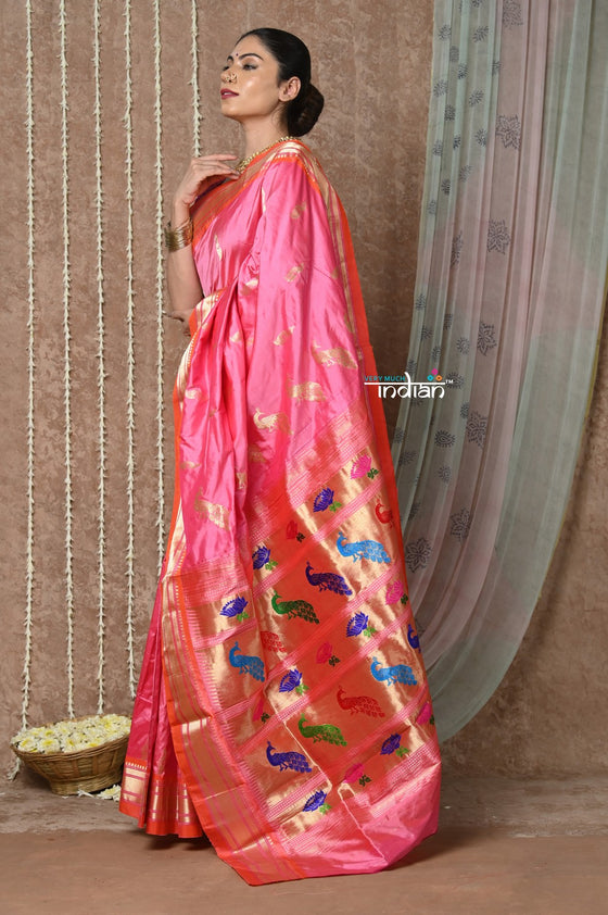 Tyohaar ~ Signature Weave! Handloom Pure Silk Paithani Saree with Handcrafted Peacock Lotus Pallu ~ Rouge Pink