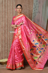 Tyohaar ~ Signature Weave! Handloom Pure Silk Paithani Saree with Handcrafted Peacock Lotus Pallu ~ Rouge Pink