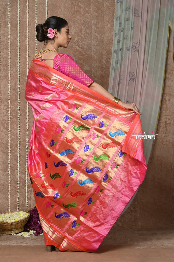 Tyohaar ~ Signature Weave! Handloom Pure Silk Paithani Saree with Handcrafted Peacock Lotus Pallu ~ Rouge Pink