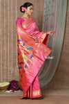 Tyohaar ~ Signature Weave! Handloom Pure Silk Paithani Saree with Handcrafted Peacock Lotus Pallu ~ Rouge Pink