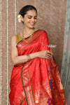 Tyohaar ~ Handloom Pure Silk Paithani Saree with Handcrafted Peacock Pallu ~ Bright Red (By Government Certified Weavers)