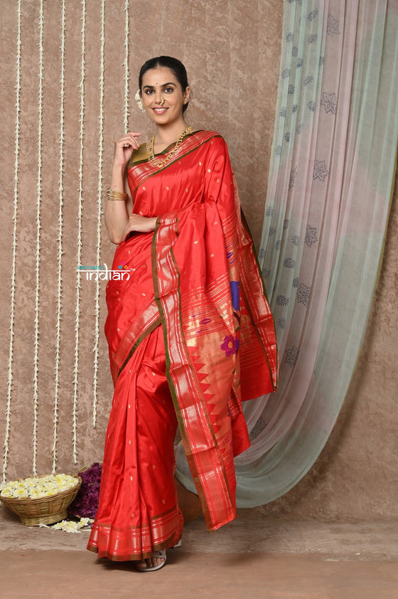 Tyohaar ~ Handloom Pure Silk Paithani Saree with Handcrafted Peacock Pallu ~ Bright Red (By Government Certified Weavers)