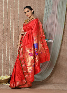  Tyohaar ~ Handloom Pure Silk Paithani Saree with Handcrafted Peacock Pallu ~ Bright Red (By Government Certified Weavers)