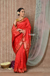 Tyohaar ~ Handloom Pure Silk Paithani Saree with Handcrafted Peacock Pallu ~ Bright Red (By Government Certified Weavers)