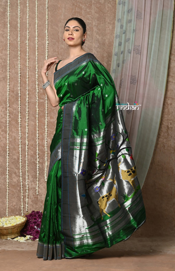 Tyohaar Premium~ Handloom Pure Silk Muniya Border Paithani Saree with Handcrafted Deer Pallu ~ Royal Green