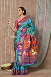 Tyohaar ~ Handloom Pure Silk Paithani Saree with Handcrafted Peacock Pallu ~ Teal Blue (By Govt Certified Weavers)