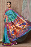 Tyohaar ~ Handloom Pure Silk Paithani Saree with Handcrafted Peacock Pallu ~ Teal Blue (By Govt Certified Weavers)