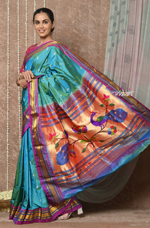  Tyohaar ~ Handloom Pure Silk Paithani Saree with Handcrafted Peacock Pallu ~ Teal Blue (By Govt Certified Weavers)