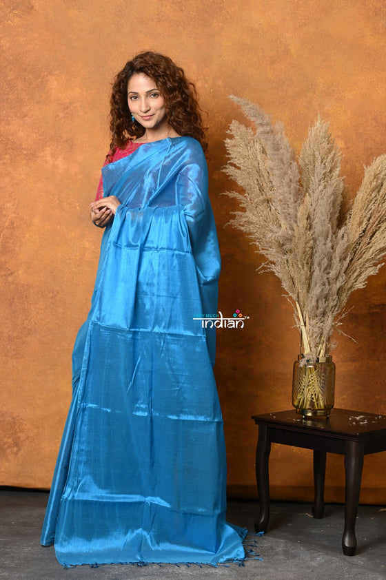 Mastaani ~ Fusion Cotton Tissue Shimmer Saree - Light Blue