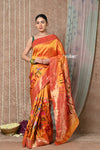 Tyohaar ~ Handloom Pure Silk Half Over Paithani Saree with Handcrafted Floral Deer Pallu ~ Bright Orange