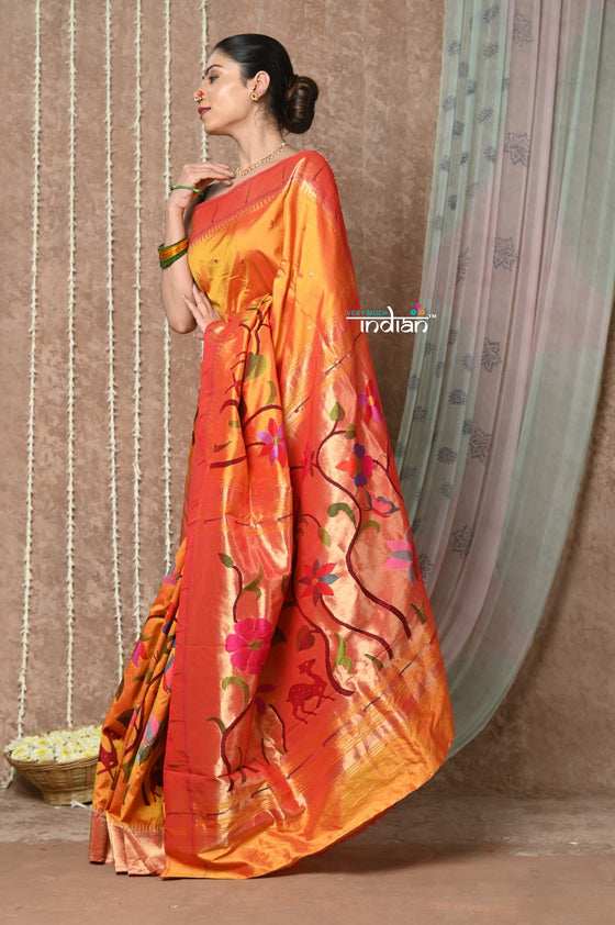 Tyohaar ~ Handloom Pure Silk Half Over Paithani Saree with Handcrafted Floral Deer Pallu ~ Bright Orange